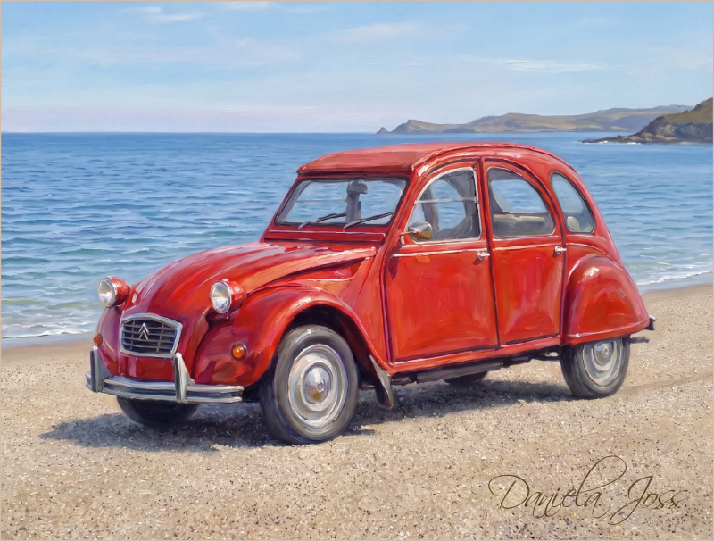 Die Ente am Strand, 2CV im Erdbeer-Rot