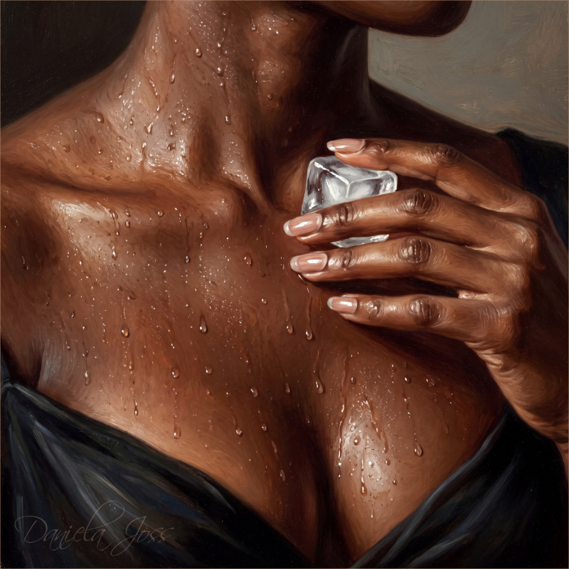 Eine Schönheit die sich mit einem Eiswürfel abkühlt als Digital Painting von Daniela Joss.