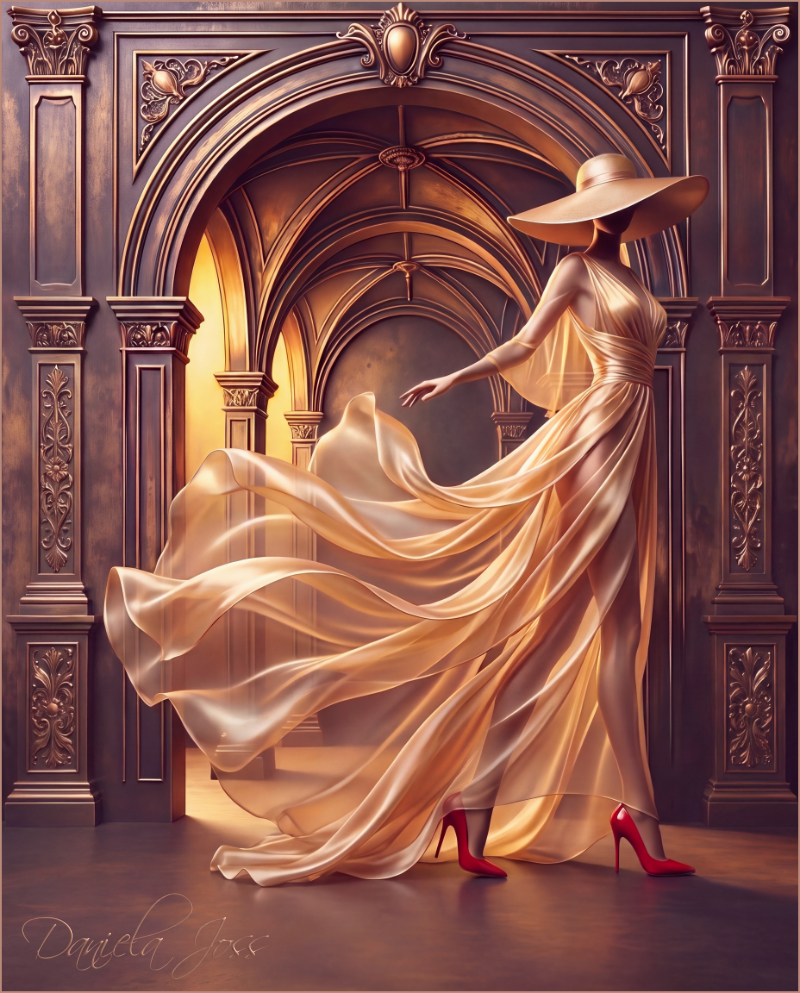 Eine Unbekannte in wallendem Kleid und roten High Heels, in einem fürstlichen Gewölbe als Digital Painting von Daniela Joss.