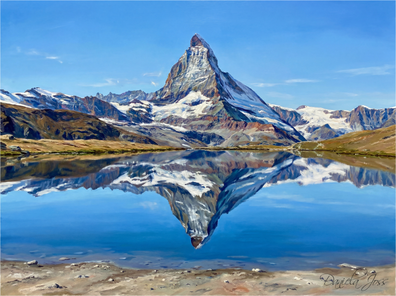 Das Matterhorn spiegelt sich im ruhigen Bergsee als Digital Painting von Daniela Joss.