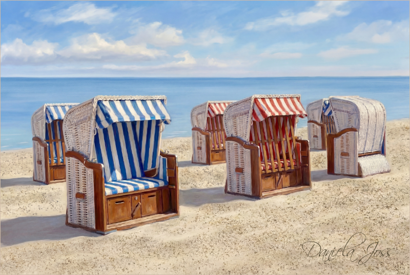 Sechs Strandkörbe warten auf den perfekten Tag am Meer als Digital Painting von Daniela Joss.