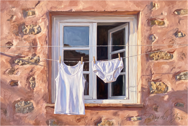 Ein offenes Fenster, ein mediterraner Windhauch, der die weisse Wäsche sanft trocknet. Digital Painting von Daniela Joss.