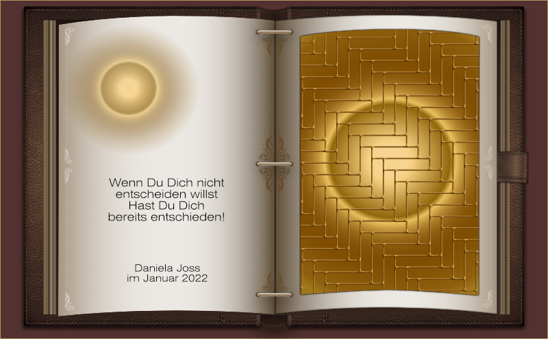 Ein aufgeschlagenes in Leder gebundenes Buch, mit einem Goldmuster.