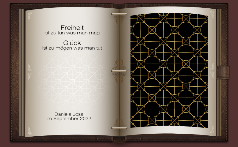 Ein aufgeschlagenes in Leder gebundenes Buch, mit einem Muster aus Kreisen und Dreiecken.