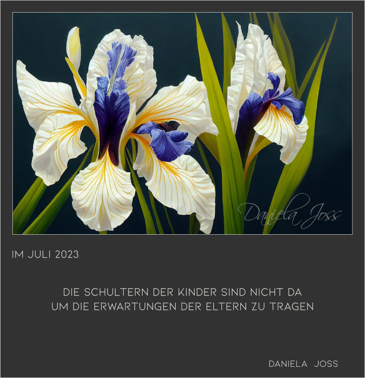 Weisse Schwertlilien mit einem königsblauen Herzen.