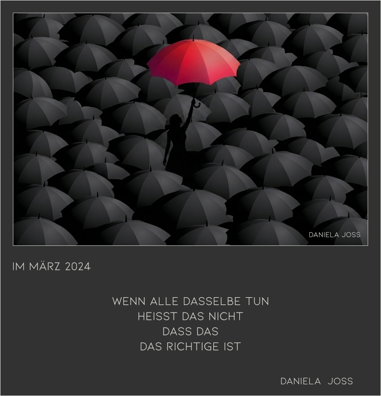 Viele dunkle schirme und ein roter Schirm.