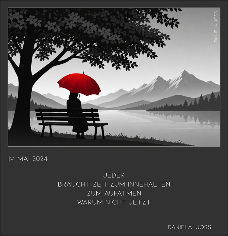 Frau mit rotem Schirm sitzt auf einer Parkbank unter einem grossen Baum am See.