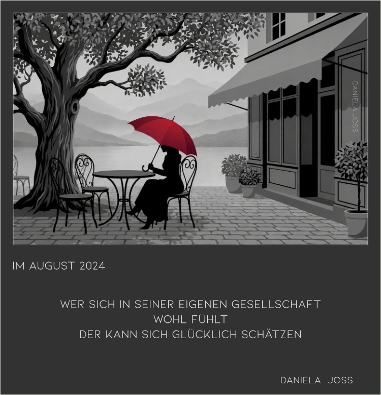 Frau mit rotem Schirm sitzt unter einem grossen Baum auf einer Terrasse am See.