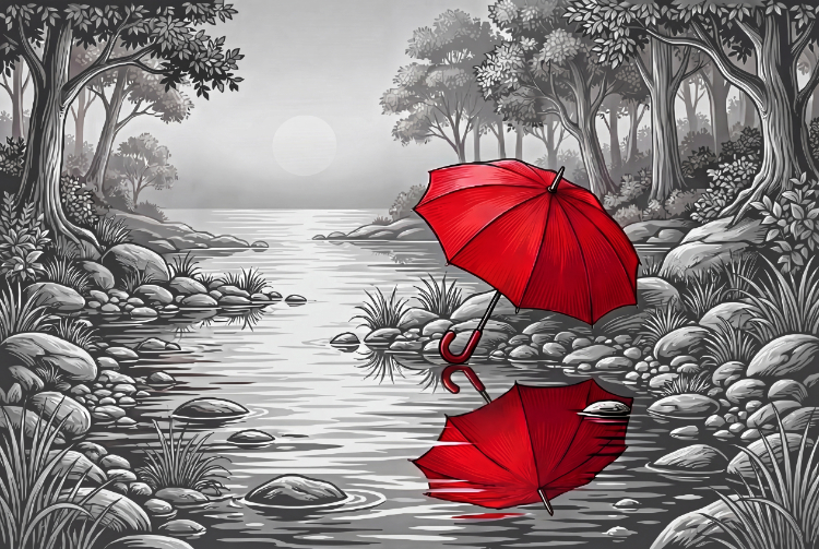 Roter Schirm, der sich im fliessenden Wasser spiegelt.