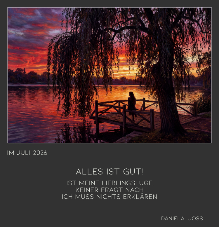 Frau sitzt bei sonnenuntergang am See unter einer Trauerweide von Daniela Joss.