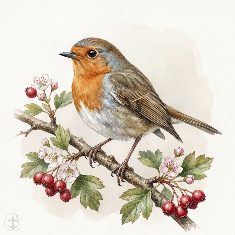 Aquarellbild Rotkehlchen auf Weissdornzweig, im künstlerischen Stil von Daniela Joss.