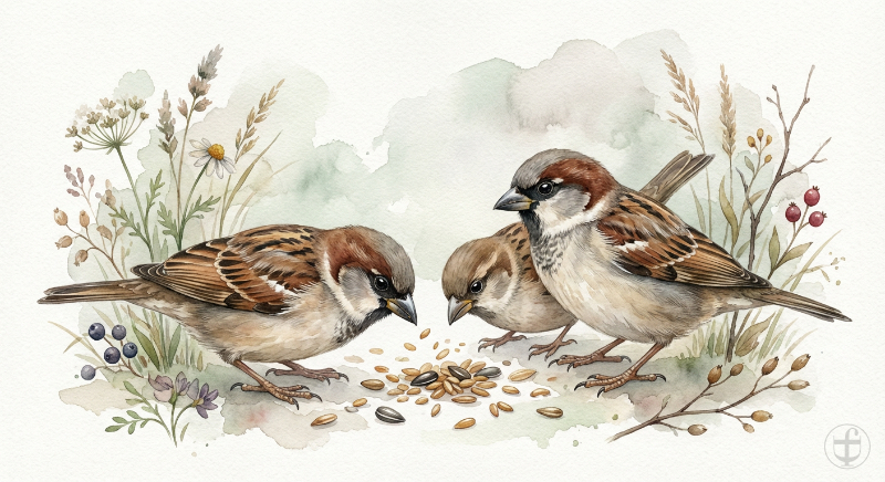 Aquarellbild Haussperlinge bei der Futtersuche, im künstlerischen Stil von Daniela Joss.