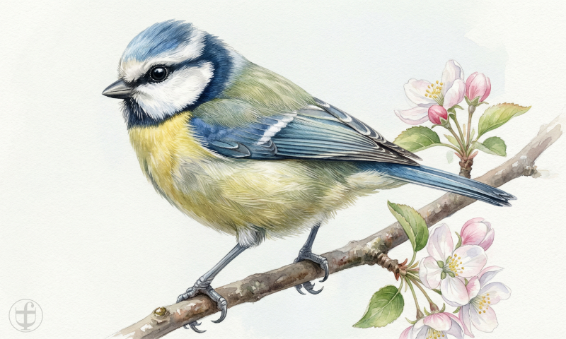 Aquarellbild einer Blaumeise auf einem blühenden Apfelbaumzweig, im künstlerischen Stil von Daniela Joss.