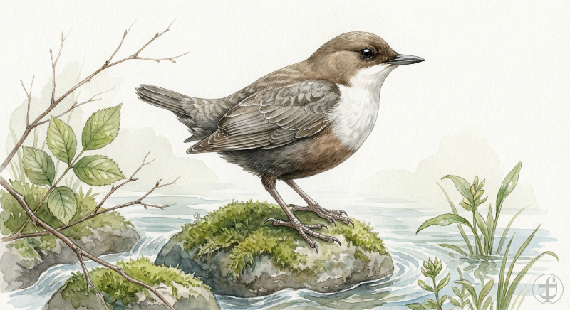 Aquarellbild einer Wasseramsel am Wasserlauf, im künstlerischen Stil von Daniela Joss.