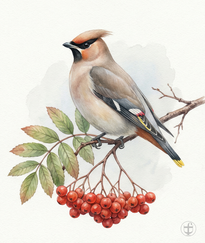 Aquarellbild Seidenschwanz sitzt auf einem Ebereschenzweig, im künstlerischen Stil von Daniela Joss.