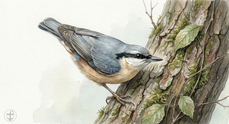 Aquarellbild Kleiber läuft am Baumstamm hoch, im künstlerischen Stil von Daniela Joss.