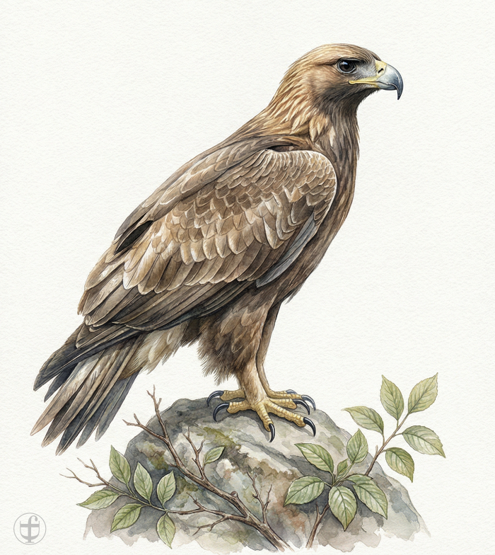 Aquarellbild Steinadler sitzt auf einem Felsen, im künstlerischen Stil von Daniela Joss.