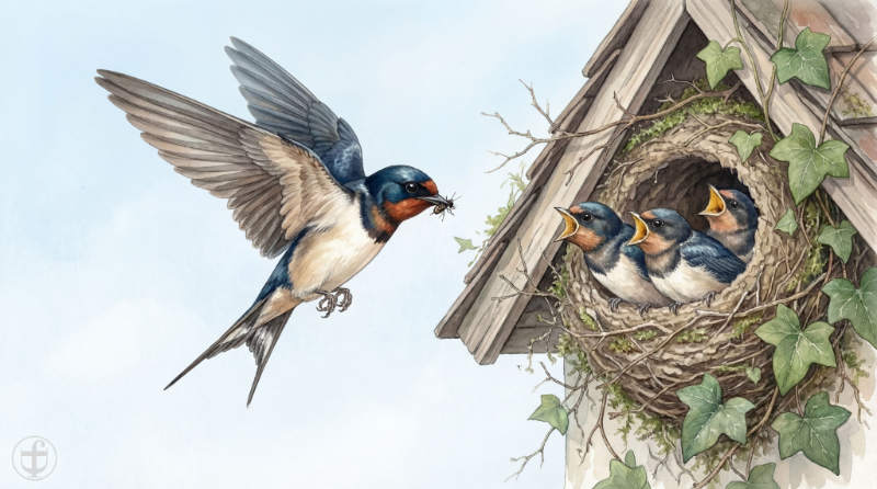 Aquarellbild Rauchschwalbe fliegt zu Jungvögeln, im künstlerischen Stil von Daniela Joss.