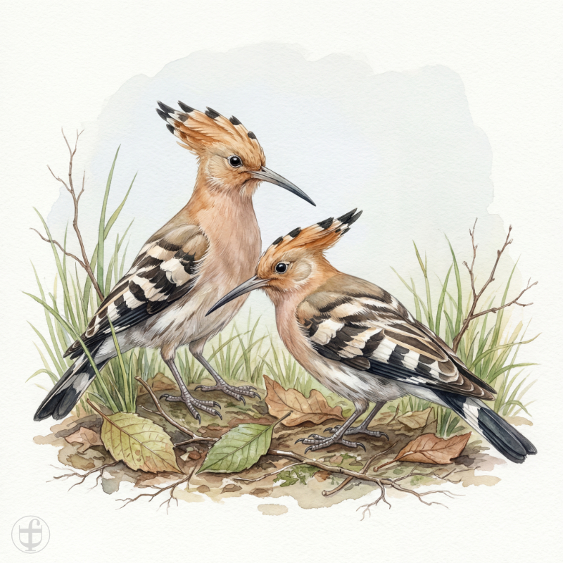 Aquarellbild Wiedehopf mit Partner auf Futtersuche, im künstlerischen Stil von Daniela Joss.