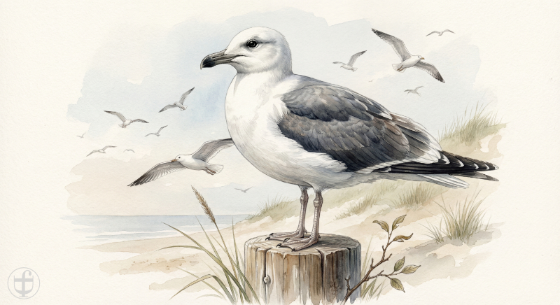 Aquarellbild Mantelmöwe steht auf einem Holzpoller, im künstlerischen Stil von Daniela Joss.