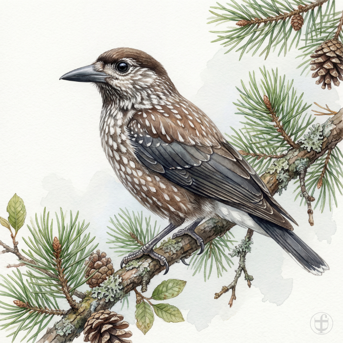 Aquarellbild Tannenhäher sitzt auf einem Arvenast, im künstlerischen Stil von Daniela Joss.