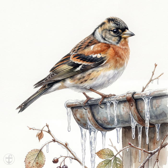 Aquarellbild Bergfink sitzt auf einer vereisten Dachrinne, im künstlerischen Stil von Daniela Joss.