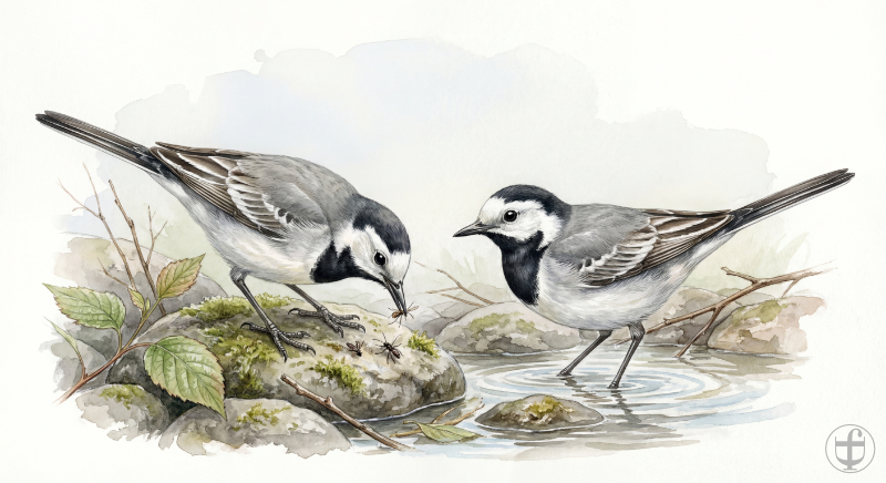 Aquarellbild eines Bachstelzenpaares auf Nahrungssuche, im künstlerischen Stil von Daniela Joss.