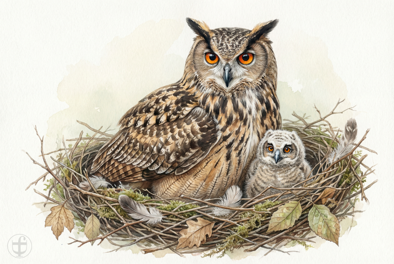Aquarellbild Uhu mit Jungvogel im Nest, im künstlerischen Stil von Daniela Joss.