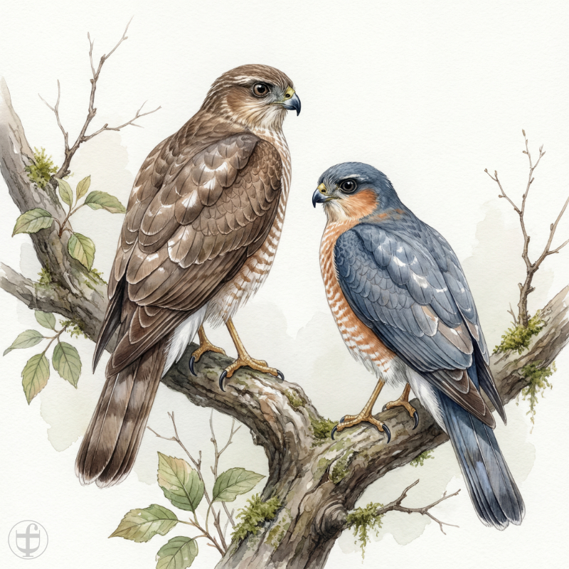 Aquarellbild ein Sperberpaar sitzt auf einer Astgabel, im künstlerischen Stil von Daniela Joss.
