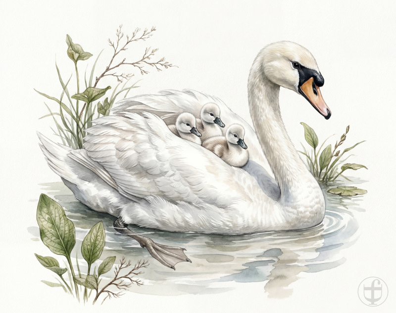 Aquarellbild Schwan schwimmt mit Jungvögeln auf seinem Rücken, im künstlerischen Stil von Daniela Joss.