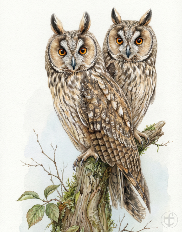Aquarellbild zwei Waldohreulen sitzen zusammen auf einem Baumstrunk, im künstlerischen Stil von Daniela Joss.