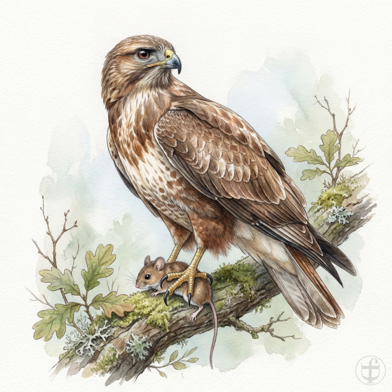 Aquarellbild Mäusebussard hat eine Maus gefangen, im künstlerischen Stil von Daniela Joss.