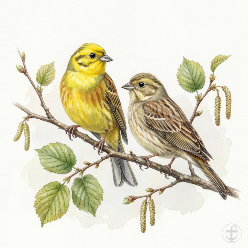 Aquarellbild Goldammerpaar auf Haselzweig, im künstlerischen Stil von Daniela Joss.