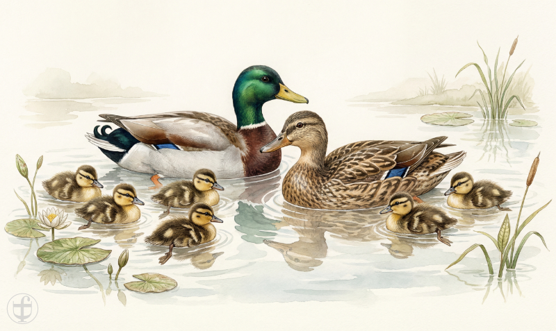 Aquarellbild Stockentenpaar schwimmt mit Jungvögeln, im künstlerischen Stil von Daniela Joss.