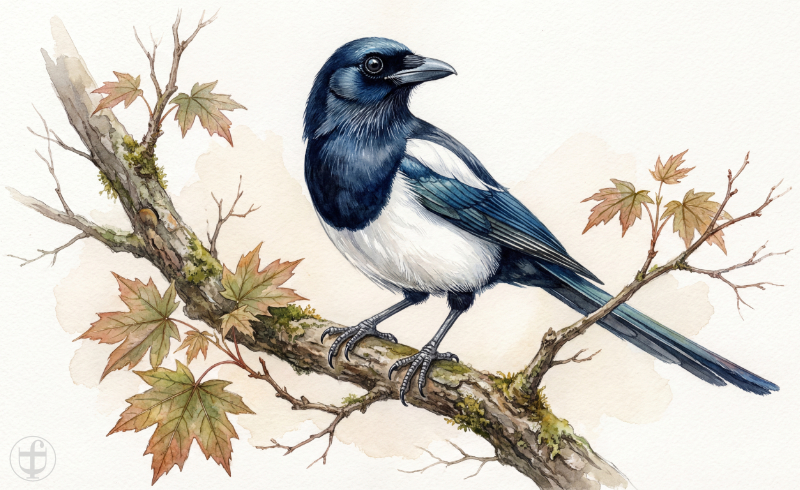 Aquarellbild Elster sitzt alles beobachtend auf einem Ahorn, im künstlerischen Stil von Daniela Joss.