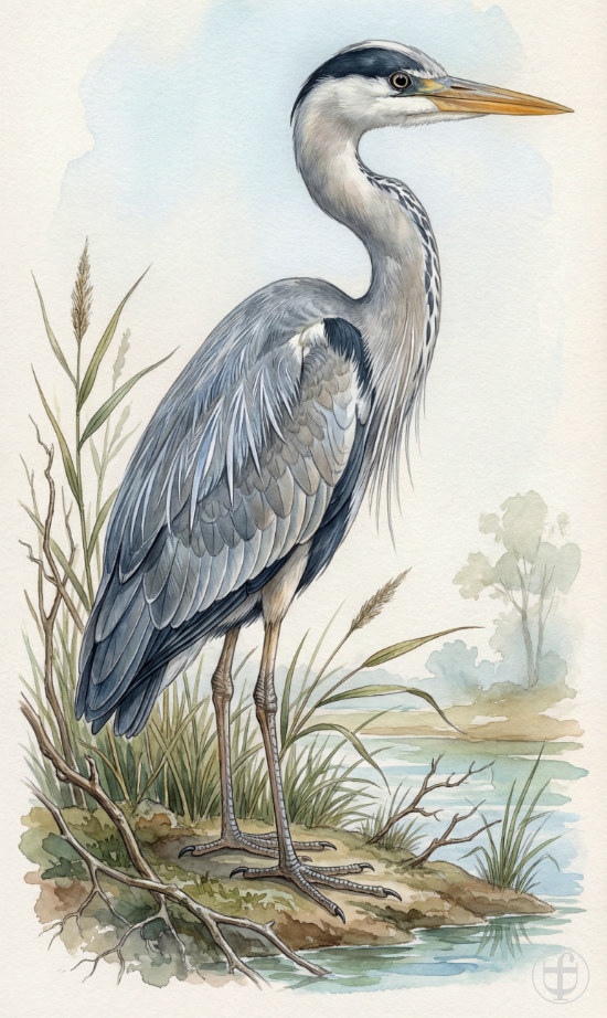 Aquarellbild Graureiher steht am Seeufer, im künstlerischen Stil von Daniela Joss.