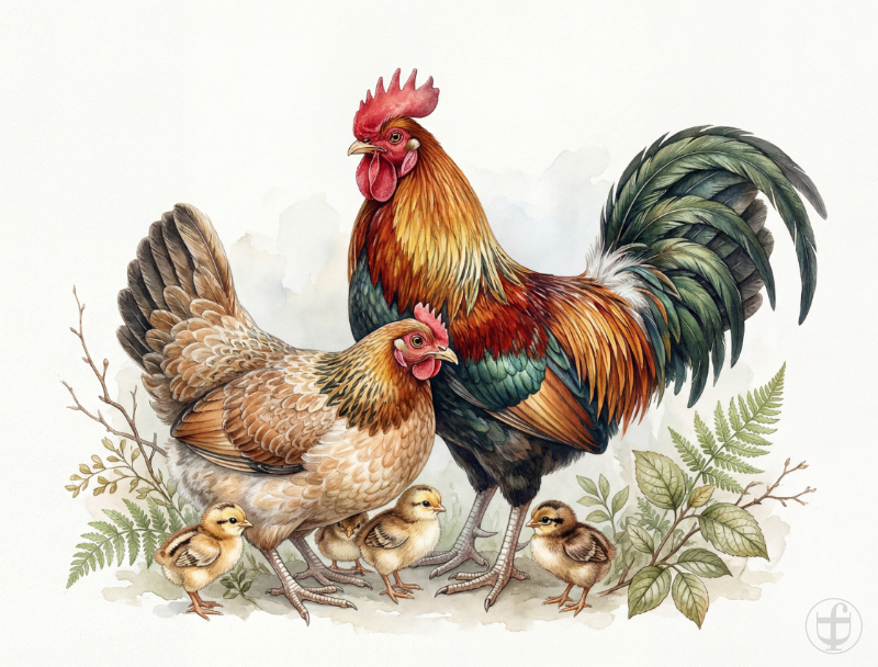 Aquarellbild stolzer Hahn mit Henne und vier Küken, im künstlerischen Stil von Daniela Joss.