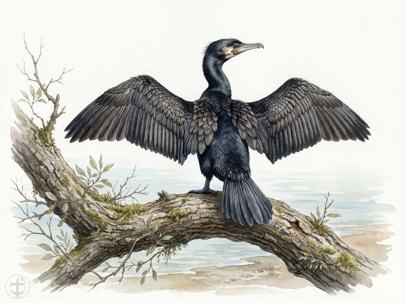Aquarellbild Kormoran trocknet seine Federn mit ausgebreiteten Flügeln, im künstlerischen Stil von Daniela Joss.