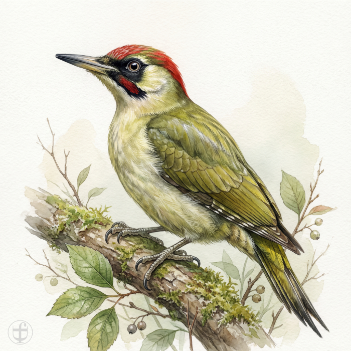 Aquarellbild Grünspecht sitzt auf einem Vogelbeerbaum, im künstlerischen Stil von Daniela Joss.