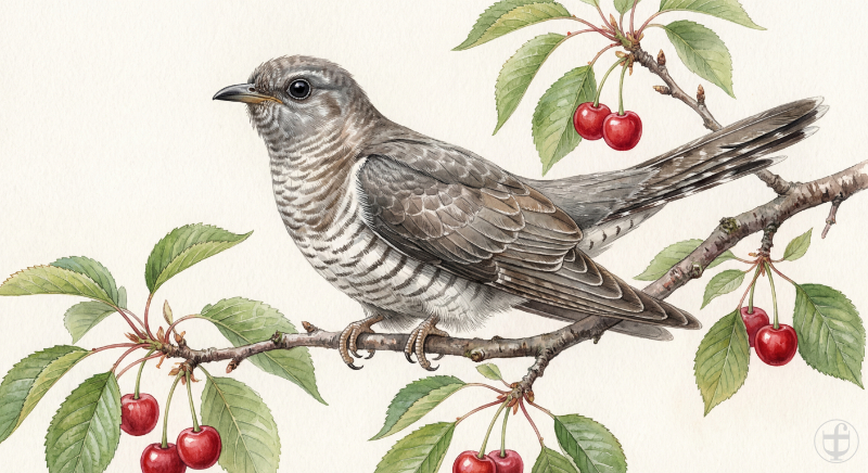 Aquarellbild Kuckuck sitzt auf einem Kirschbaum, im künstlerischen Stil von Daniela Joss.