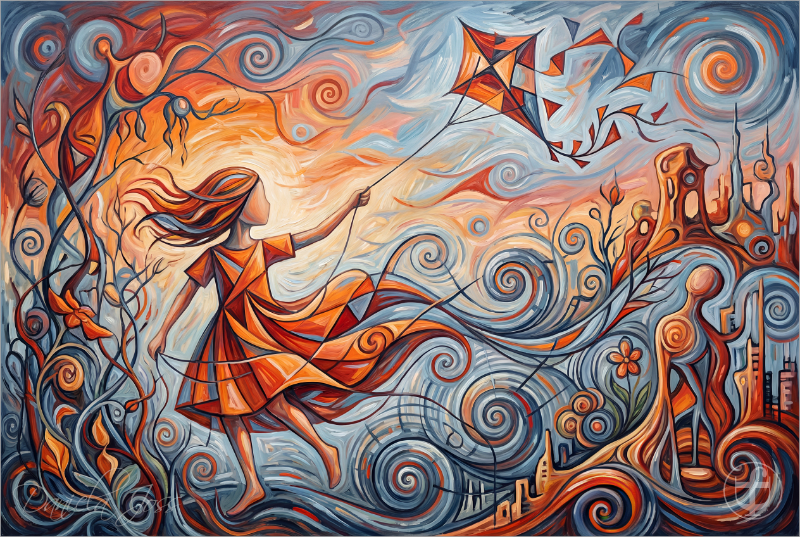 Abstrakt, Surreal – Mädchen lässt einen Drachen steigen von Daniela Joss.