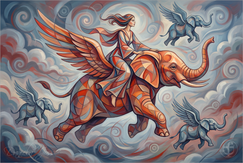 Abstrakt, Surreal – Geflügelter Elefant mit Reiterin von Daniela Joss.