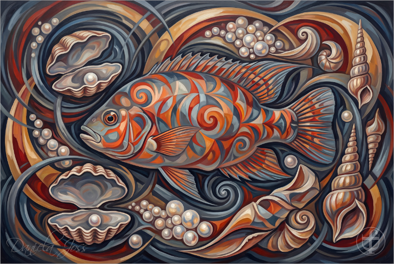 Abstrakt, Surreal – Fisch mit Muscheln und Perlen von Daniela Joss.