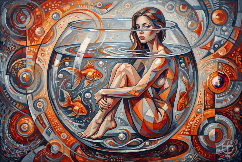 Abstrakt, Surreal – Eine stilisierte Frau badet im Goldfischglas von Daniela Joss.