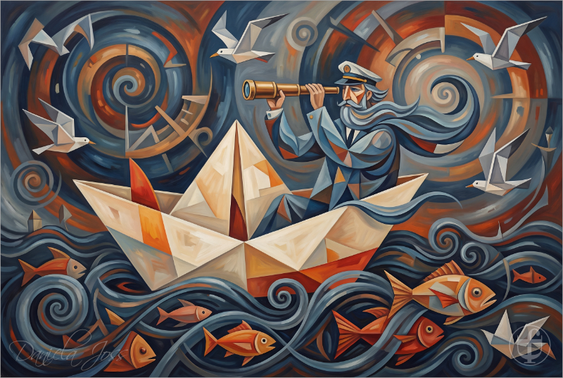 Abstrakt, Surreal – Ein alter Mann fährt mit einem Papierschiff zur See von Daniela Joss.