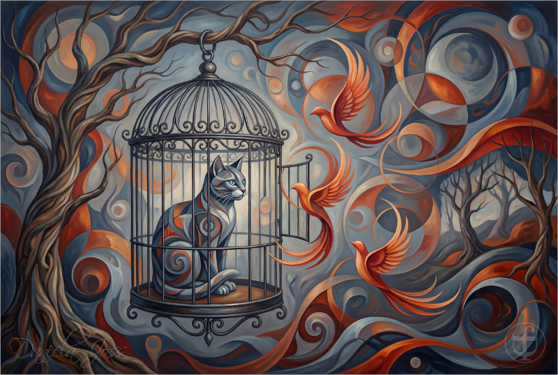 Abstrakt, Surreal – Verkehrte Welt, die Katze sitzt im Vogelkäfig von Daniela Joss.