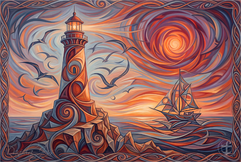 Buntglas – Leuchtturm und Segelschiff von Daniela Joss.