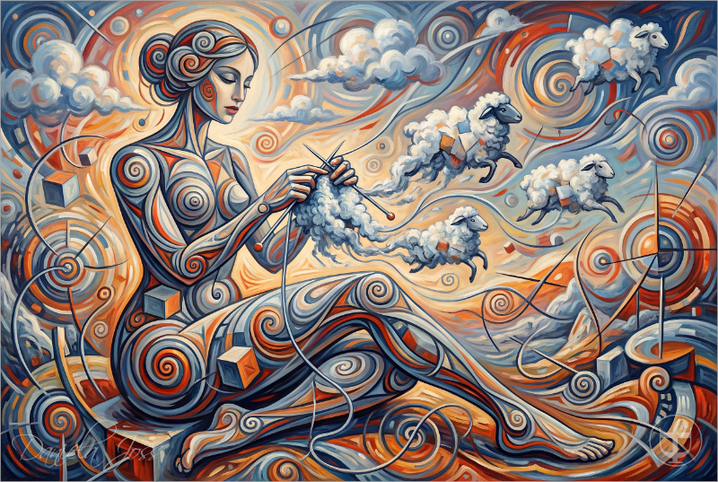 Abstrakt, Surreal – Nephele, die Göttin der Wolken strickt ihre Schäfchenwolken-Kinder von Daniela Joss
