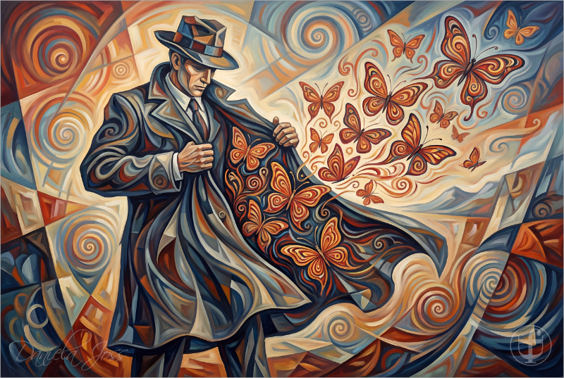 Abstrakt, Surreal – Aus dem geöffneten Mantel einer stilisierten Person fliegen Schmetterlinge von Daniela Joss.