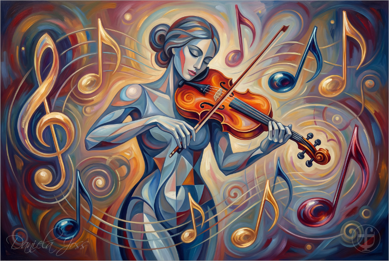 Abstrakt, Surreal – Eine stilisierte Frau spielt Violine von Daniela Joss.